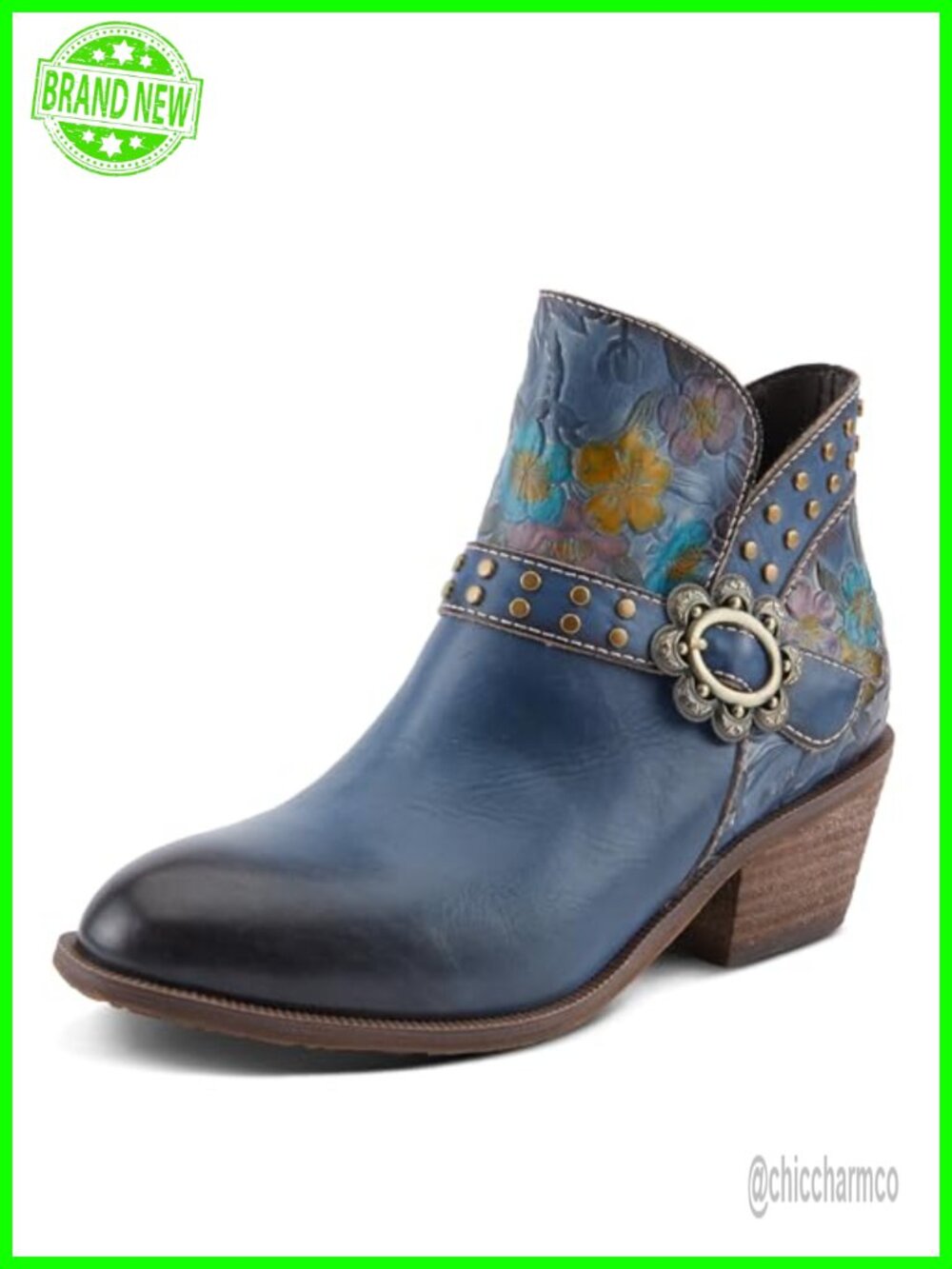 Western Bootie With Genuine Leather Upper, Studded Belt Accent, Ankle-High,